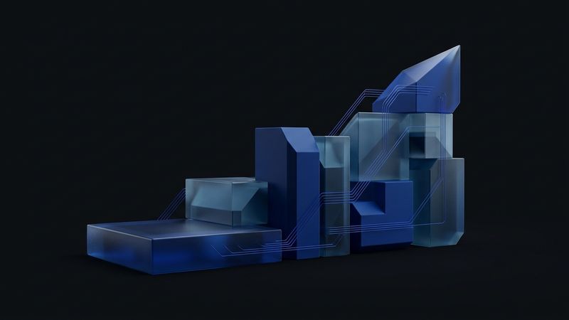 Abstract kobaltblauw sculpturaal beeld van zeven oplopende blokken op donkere achtergrond - de structuur van een goede blogpost