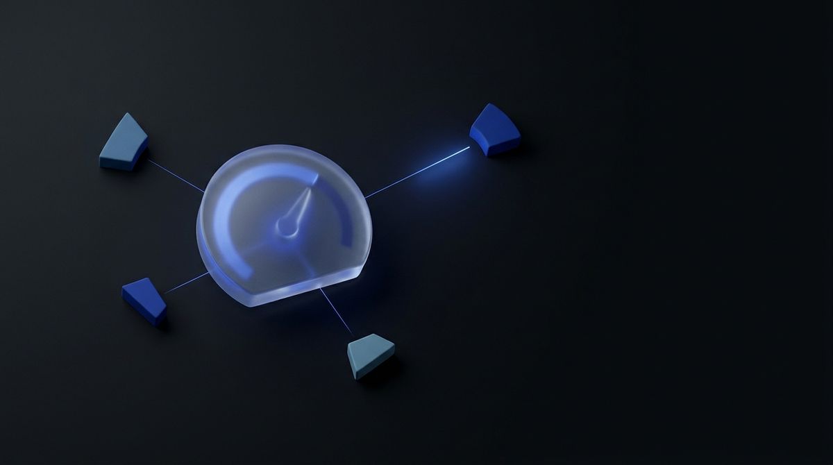 Abstracte donkere illustratie van een meetinstrument dat met fijne lijnen verbonden wordt aan webpagina's