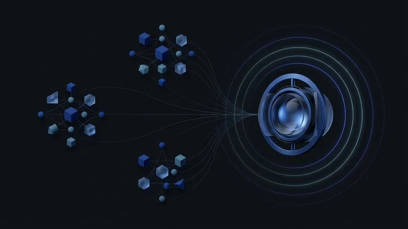 Drie abstracte zoekvraagclusters vloeien naar één centrale paginakeuze met meetringen