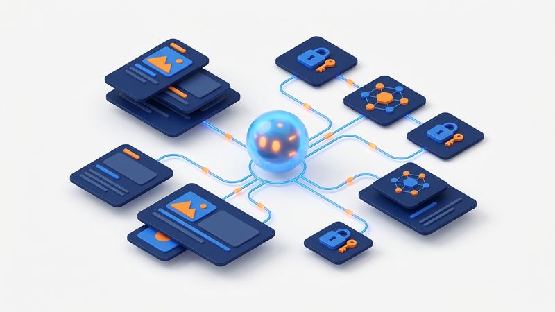 Illustratie van AI-agenten die via MCP met een CMS samenwerken