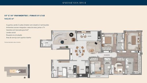 Planta 15º e 16º pavimentos, Apartamentos tipo II, 2º pavimento, Finais 01 e 02, com 165,55m² do empreendimento Momento, em Santo Agostinho, Belo Horizonte/MG.