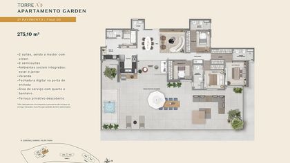Planta Torre A3, Apartamento Garden, 2º pavimento, Final 03, com 275,10m² do