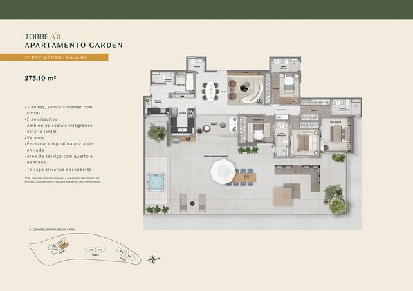 Planta Torre A3, Apartamento Garden, 2º pavimento, Final 03, com 275,10m² do