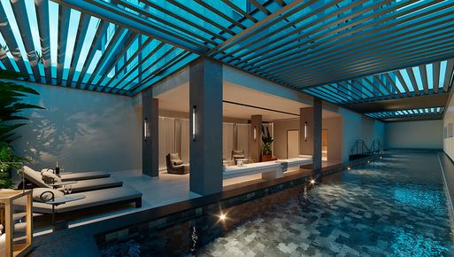 Piscina no empreendimento Casa Aleixo, em Lourdes, Belo Horizonte/MG.