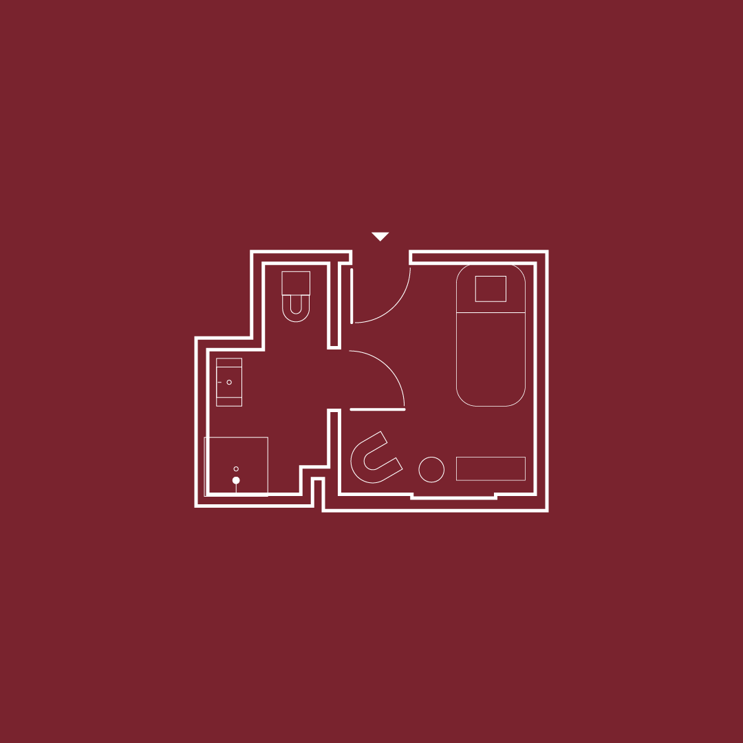 Simple floor plan on maroon background, featuring a bedroom with a bed, living area, kitchenette, and bathroom with a shower and toilet.