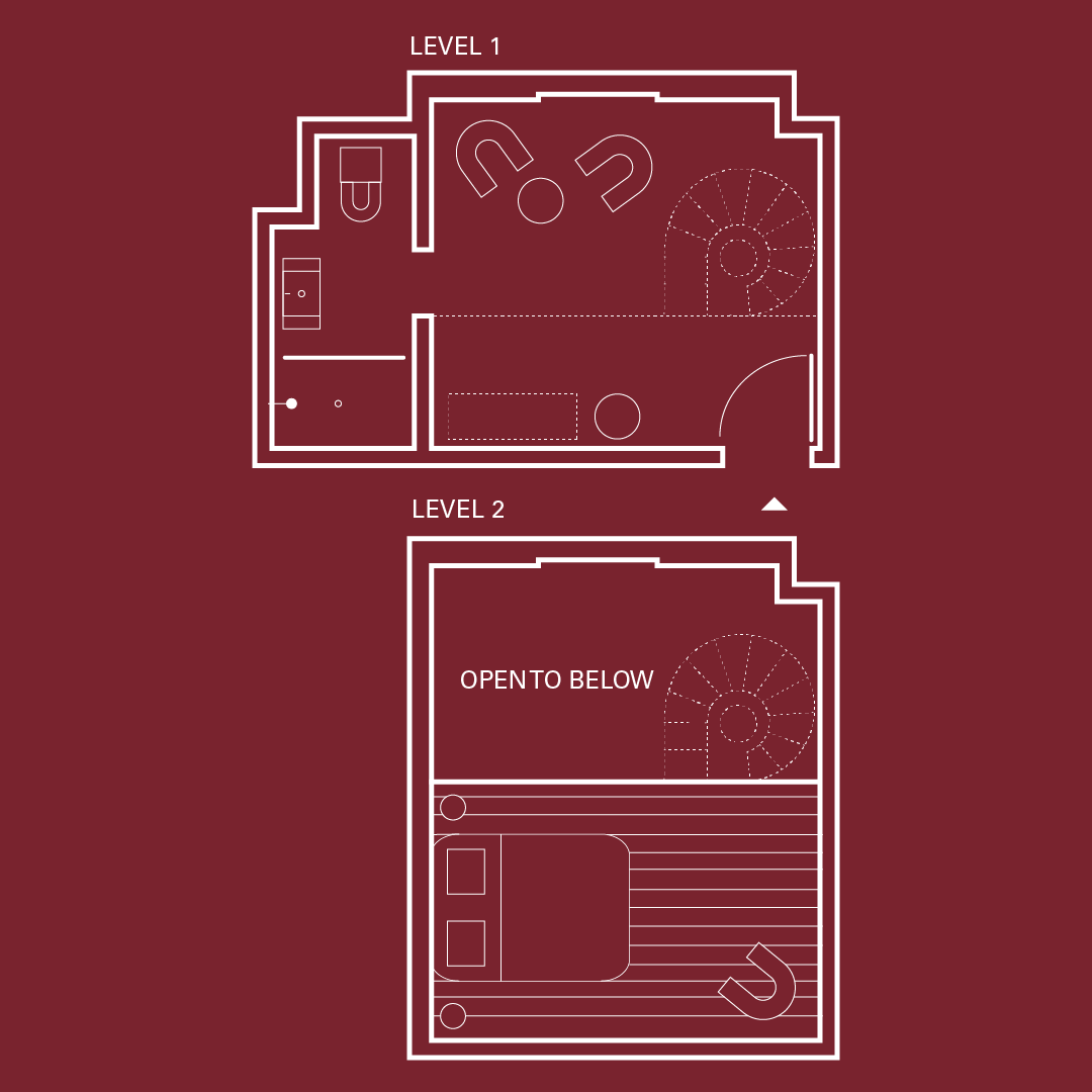 Two-level floor plan on a maroon background; Level 1 with bathroom and seating; Level 2 has a bed and "open to below." Spiral staircase included.