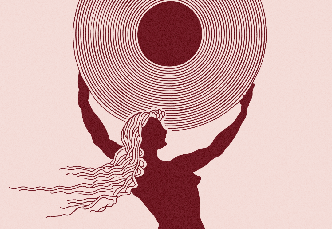 Silhouette of a woman with flowing hair holding a large, patterned circular object against a light pink background.