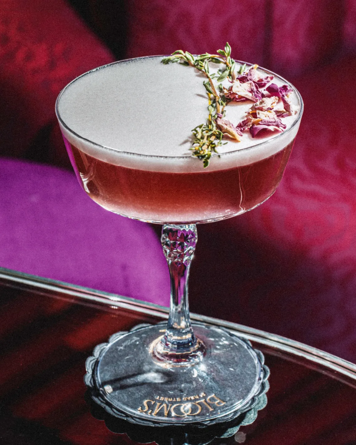 A frothy pink cocktail in a coupe glass, garnished with dried flowers and herbs, sits on a reflective surface against a vibrant purple background.