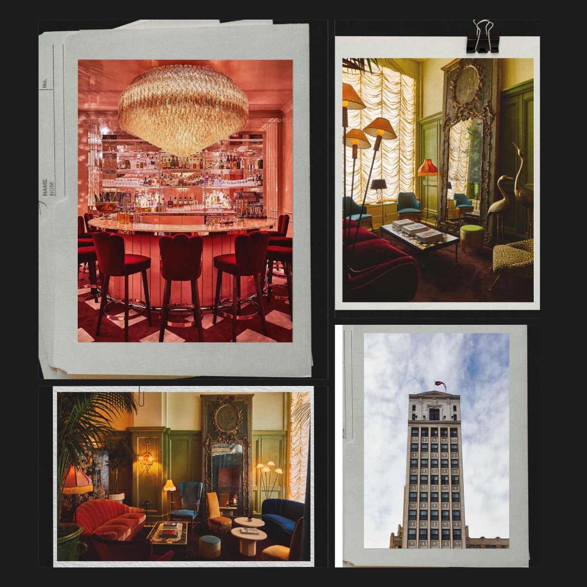 A collage of four images showing a chic bar with red seating, a vintage-style lounge area, an elegant parlor, and a tall historic building against a cloudy sky.