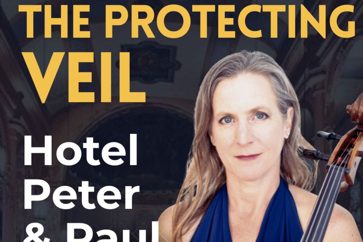 A woman in a blue dress holding a cello with text "The Protecting Veil" and "Hotel Peter & Paul" in the background.