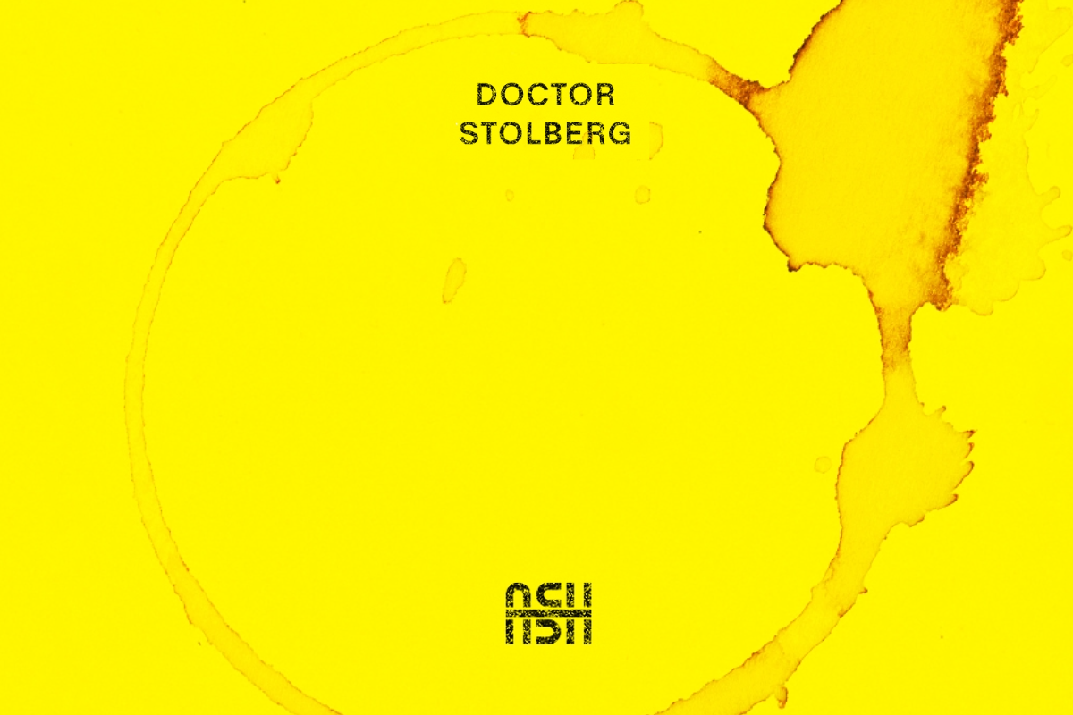 Yellow background with abstract coffee stain patterns. Text reads "DOCTOR STOLBERG" and mirrored text below.