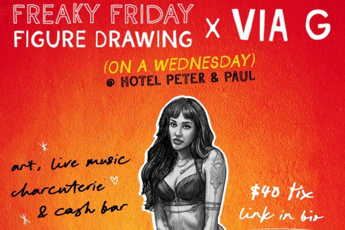 Event poster for "Freaky Friday Figure Drawing" with artwork of a tattooed woman, offering art, live music, and a cash bar.