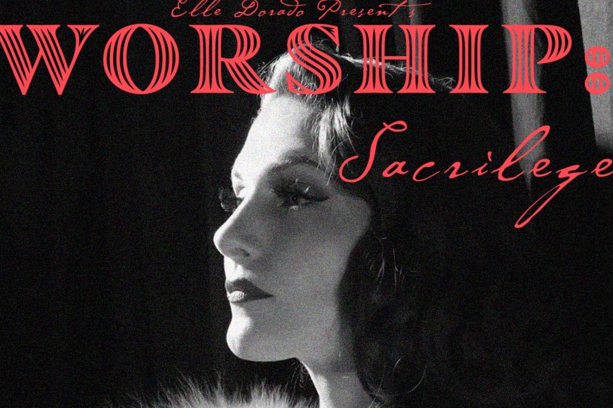Black and white portrait of a person with vintage makeup, words "Worship" and "Sacrilege" in red stylized letters above.