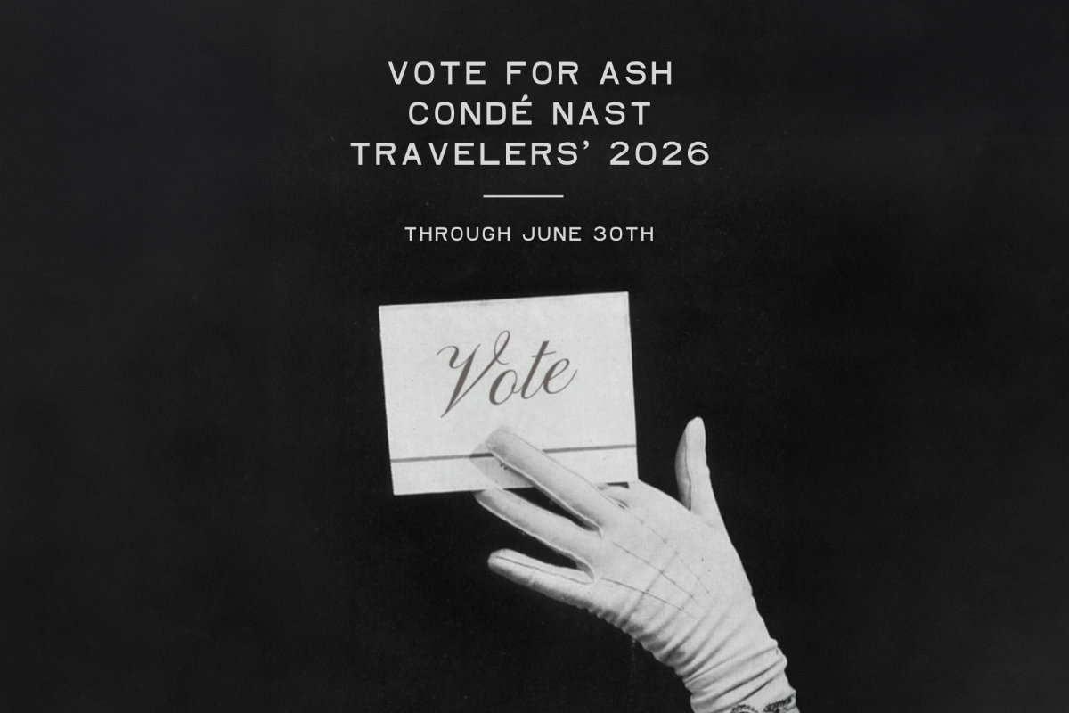Gloved hand holding a "Vote" card against a dark background. Text: "Vote for Ash Condé Nast Travelers' 2026 through June 30th."