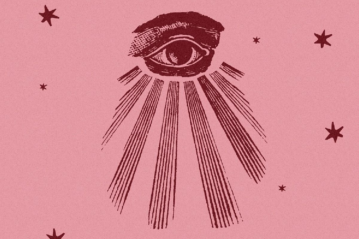Illustration of an eye with rays extending downward, surrounded by stars on a pink background.