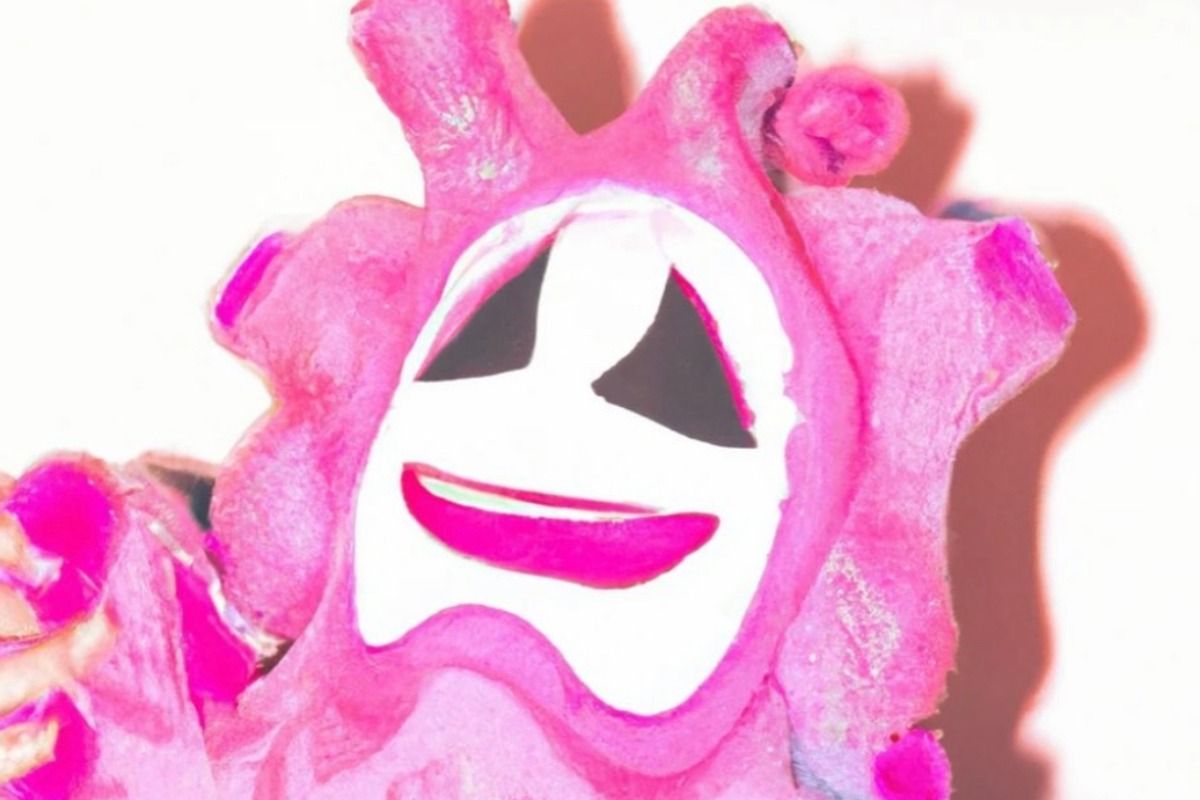 Pink abstract character with a smiling face, dark eyes, and pom-pom ears on a white background.