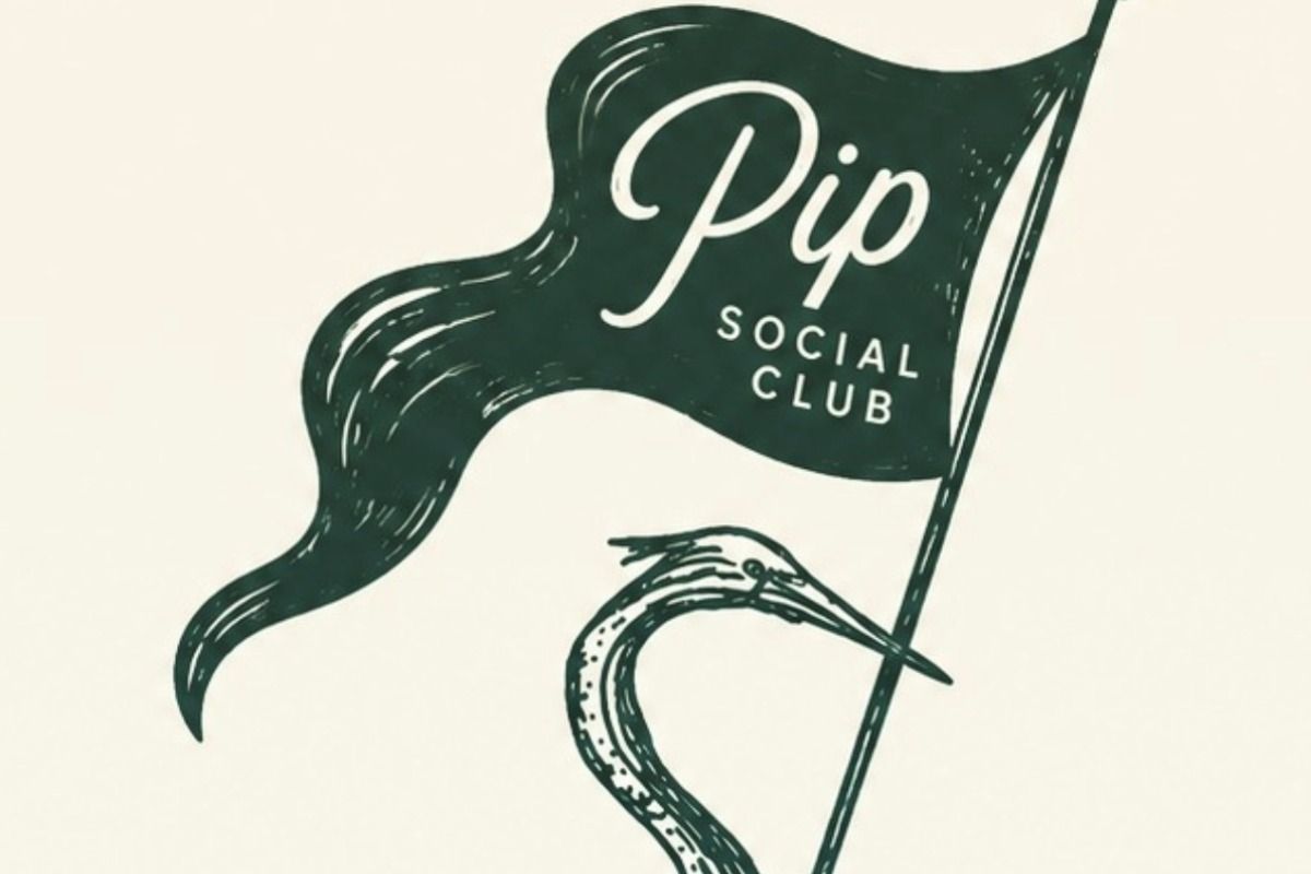 Illustration of a bird holding a flag with the text "Pip Social Club" on a plain background.