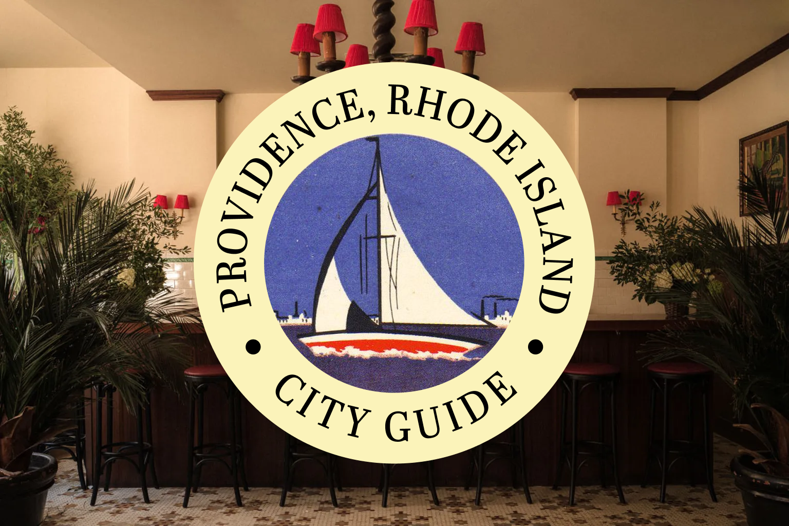 A cozy room with wooden decor, plants, red lampshades, and a "Providence, Rhode Island City Guide" emblem featuring a sailboat.