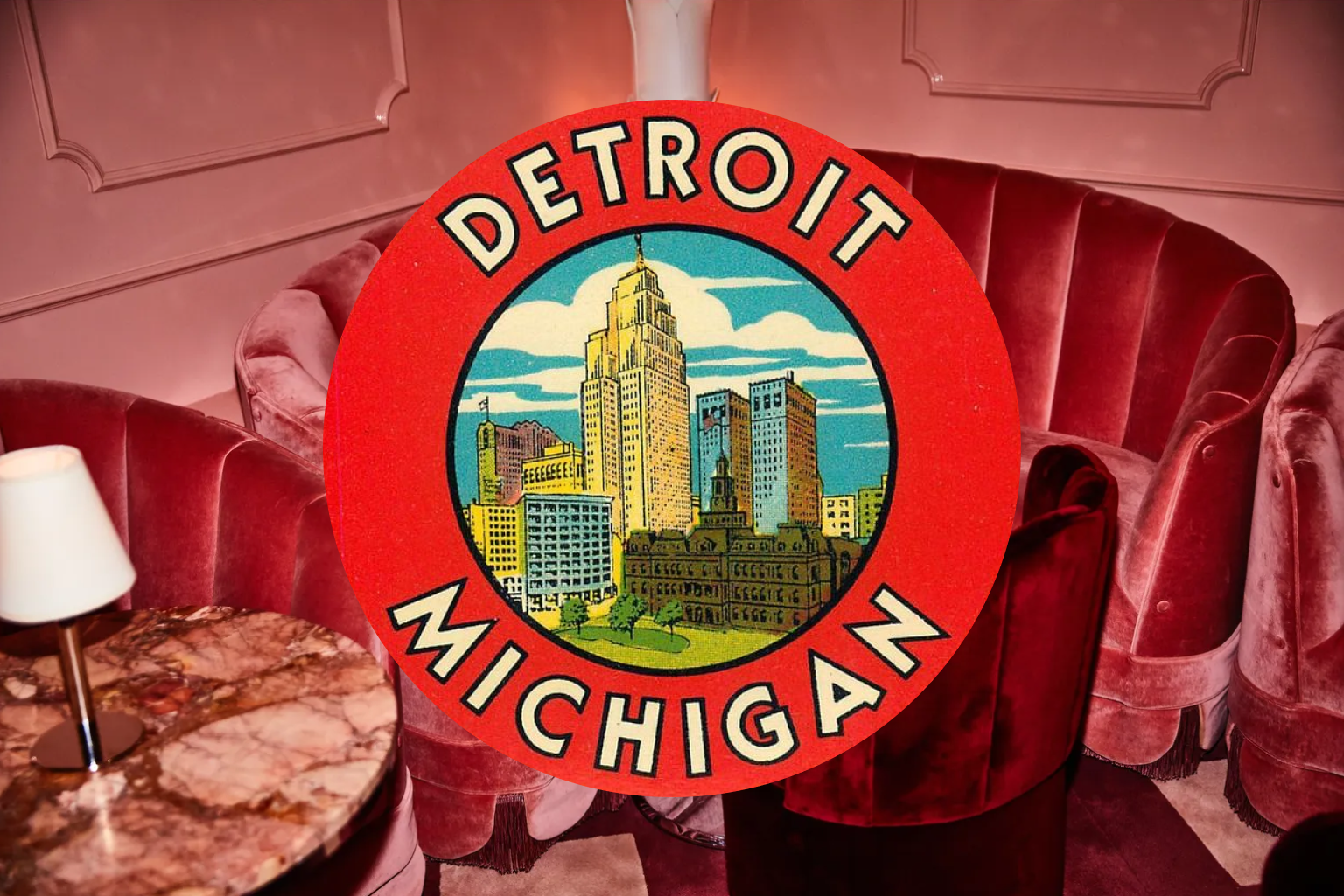 A vintage-style Detroit, Michigan sign featuring a skyline illustration, set against a retro red velvet interior with a marble table.