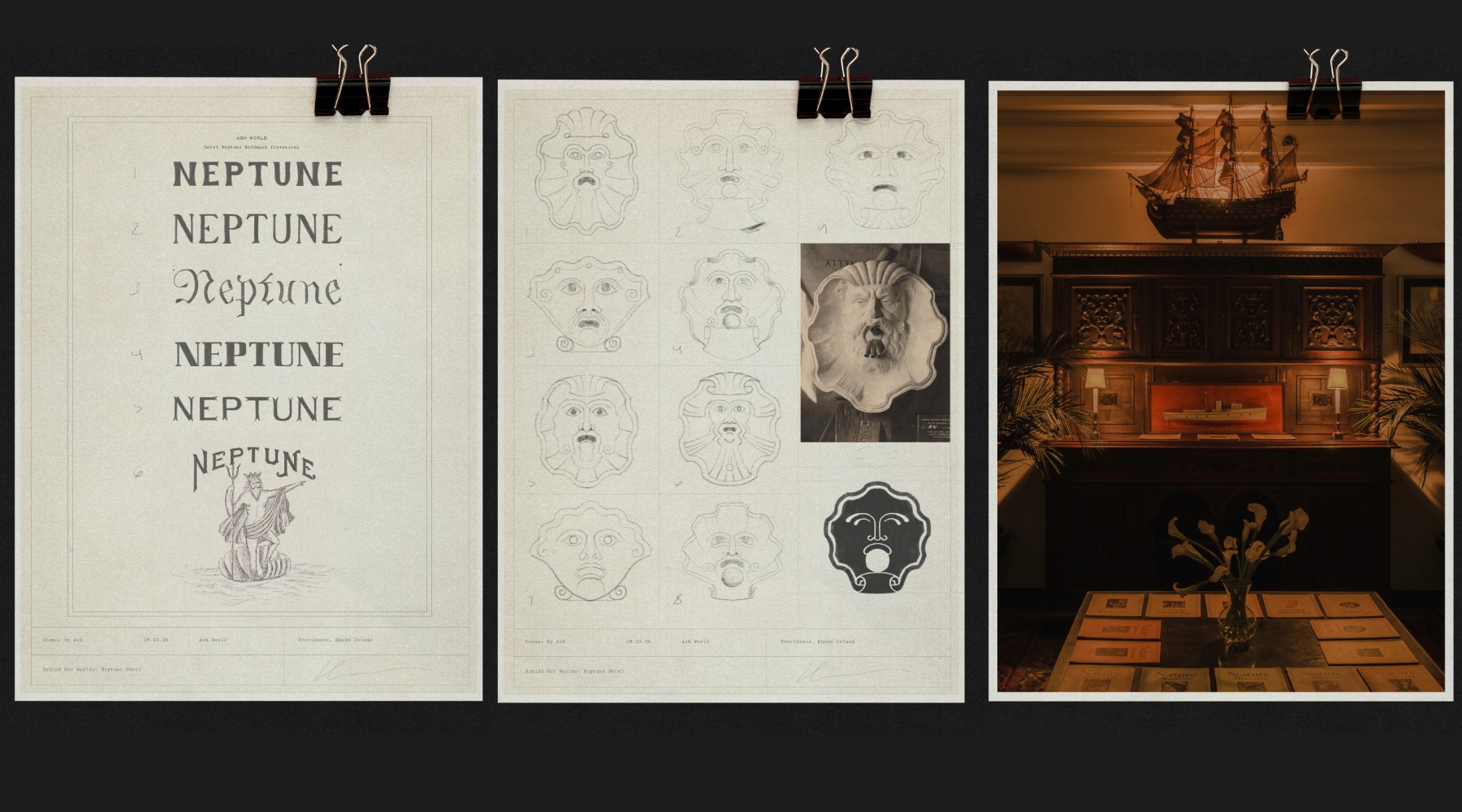 Three images: Neptune-themed text designs, mask sketches with a mask photo, and a dimly lit room featuring a ship model and ornate furniture.