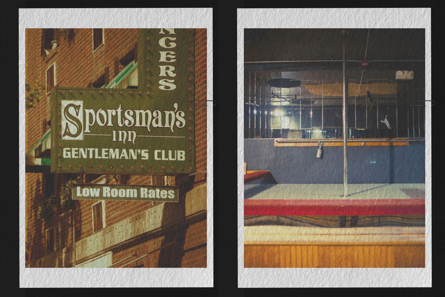 Left: A sign for Sportsman's Inn Gentleman's Club with