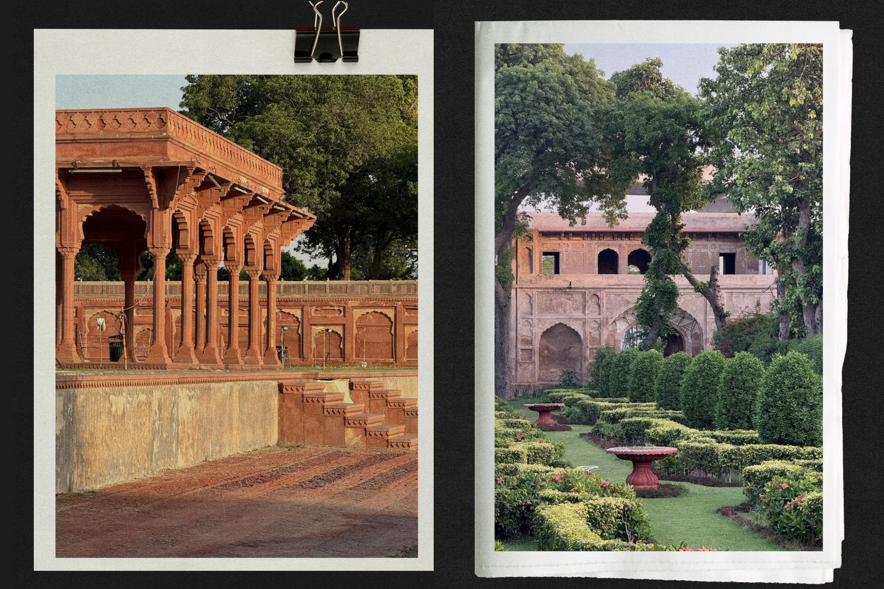 Two photos: one shows a red sandstone pavilion with arched columns, the other displays a historic building with a manicured garden.
