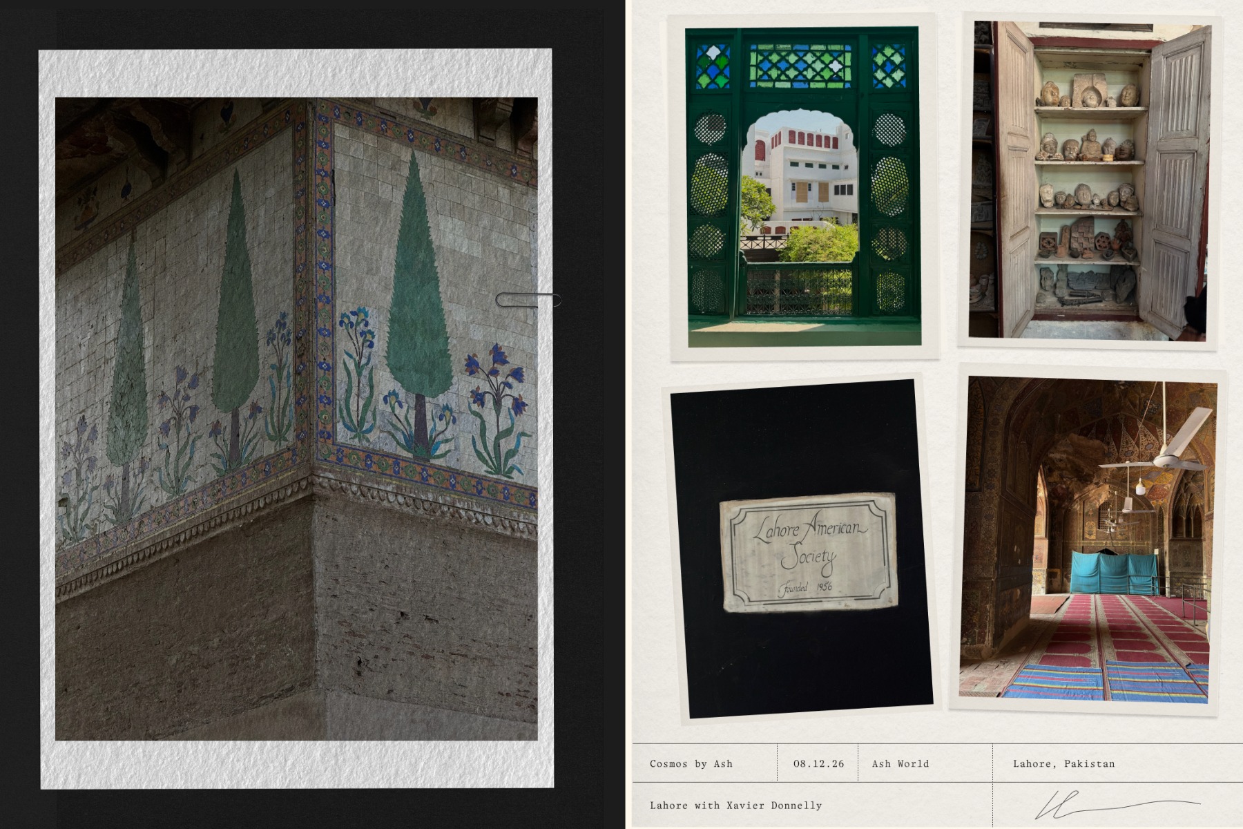 Collage featuring wall mosaics, a green window view, a shelf with sculptures, a sign reading 