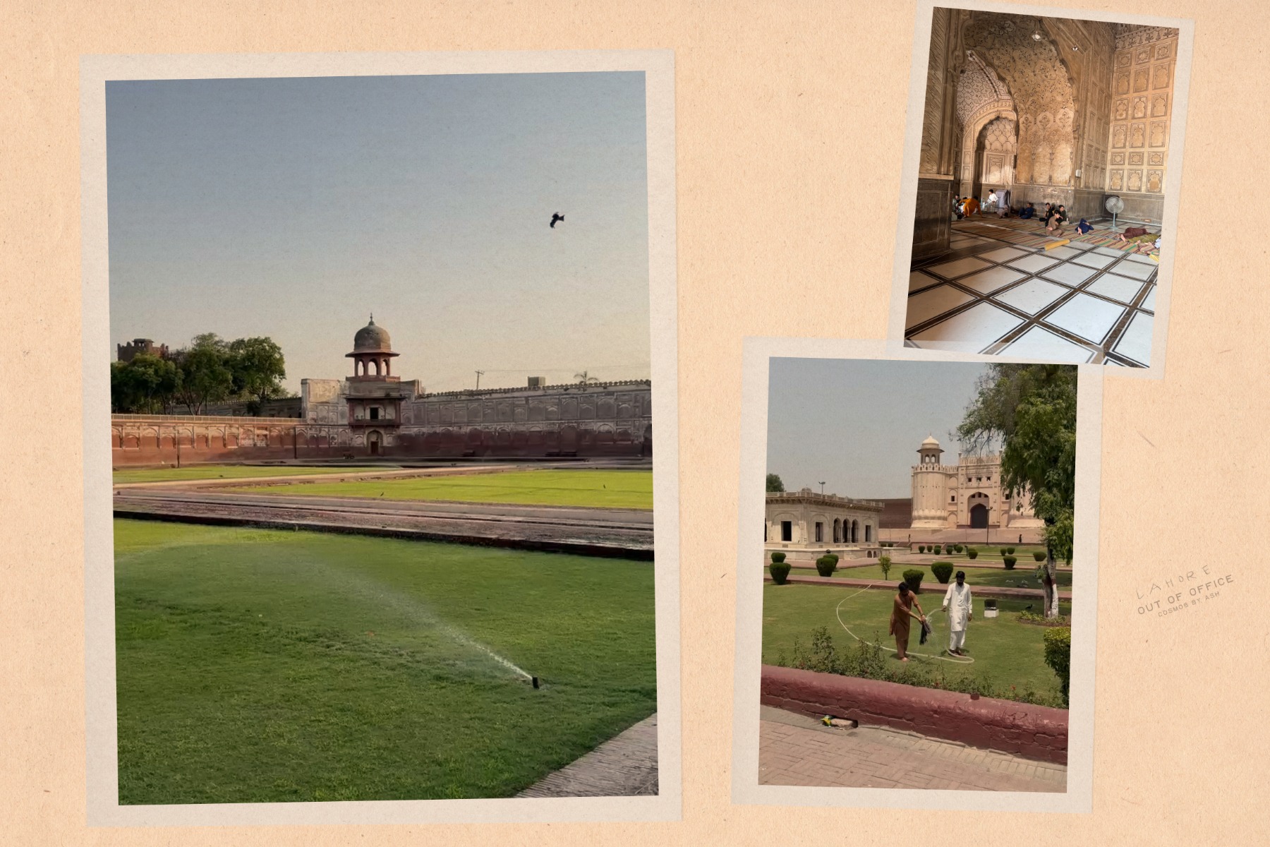 Collage of historical architecture with lawns, a sprinkler, and people sitting indoors; features a courtyard and two men tending a garden.