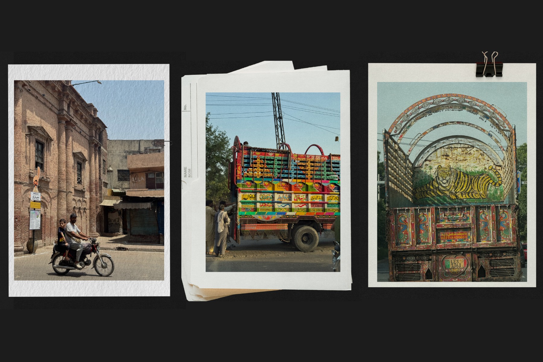 Three photos: a man riding a motorcycle in front of a historic building, a vibrantly painted truck side, and a truck rear with tiger art.