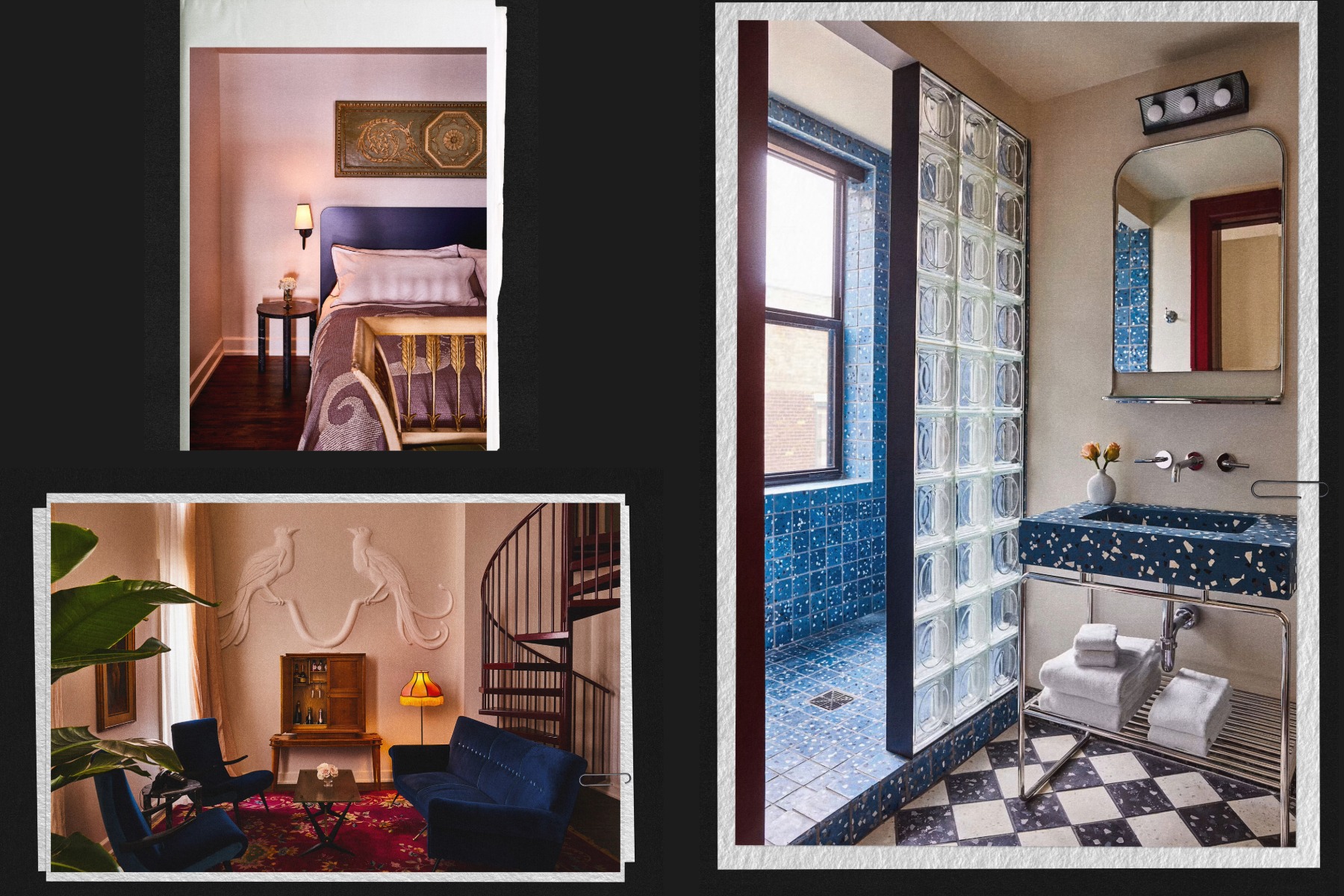 A collage showing a chic bedroom, a cozy seating area with a spiral staircase, and a bathroom with blue tiles and a glass block wall.