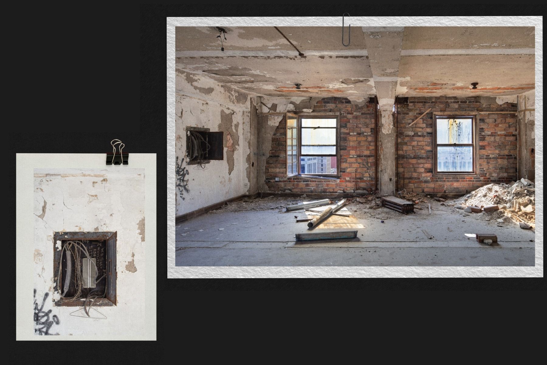 An abandoned room with peeling walls, exposed brick, debris, and scattered construction materials. A smaller photo of exposed wires is clipped to the corner.