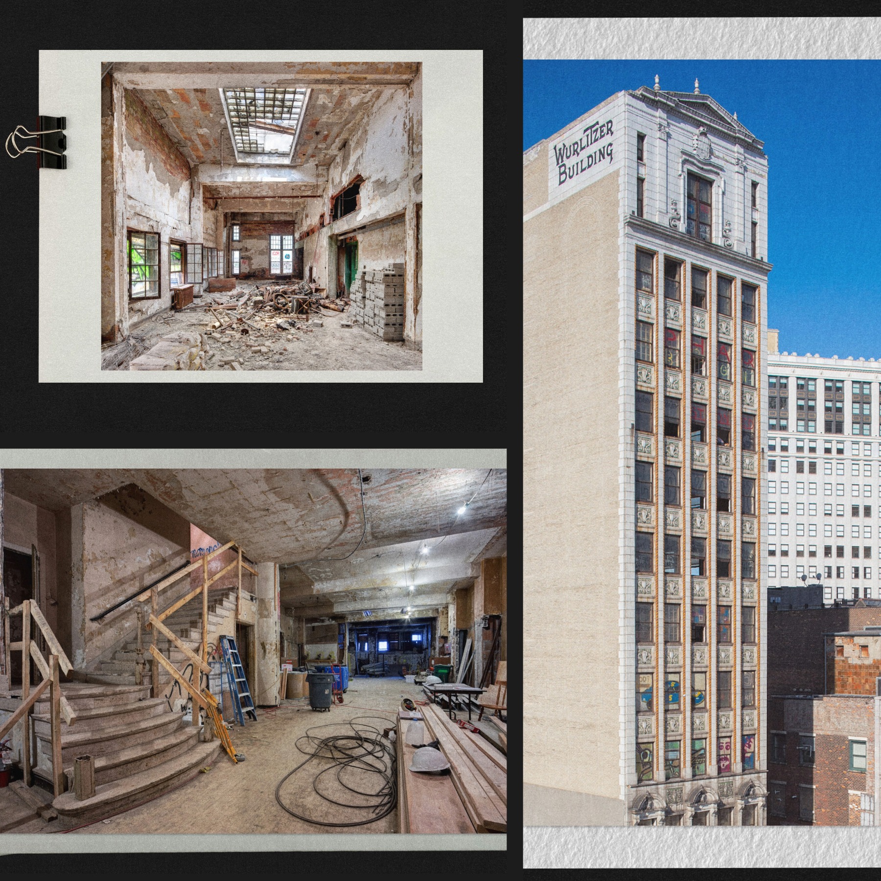 Collage of a dilapidated interior with debris, construction supplies, and the exterior of a tall brick building labeled 