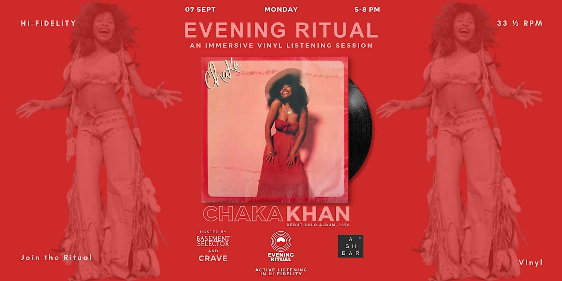 Red poster for an event titled "Evening Ritual: An Immersive Vinyl Listening Session" featuring the debut solo album of Chaka Khan.