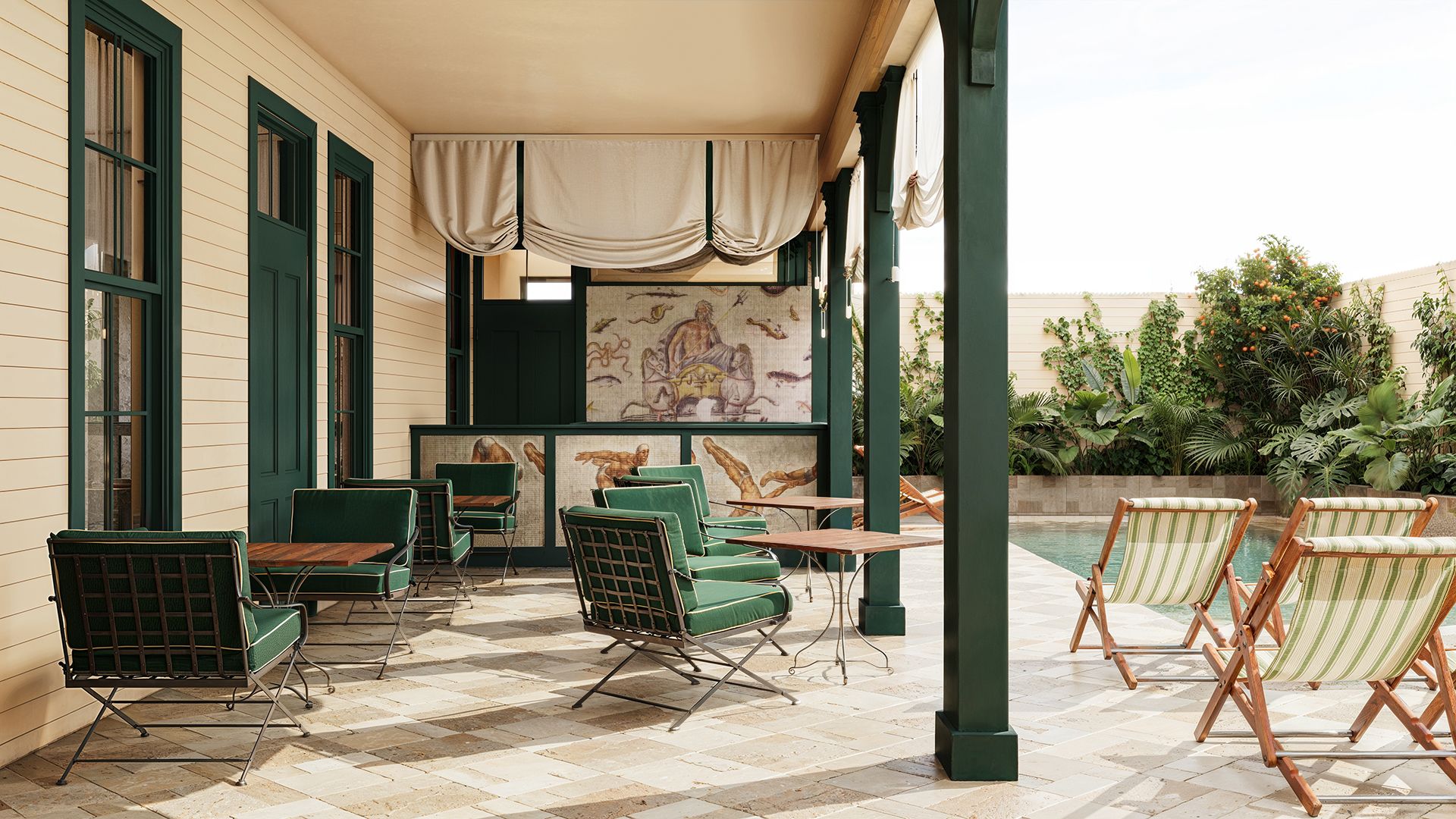 Outdoor patio with green furniture, mural, and deck chairs by a pool surrounded by lush plants under a canopy with cream drapes.