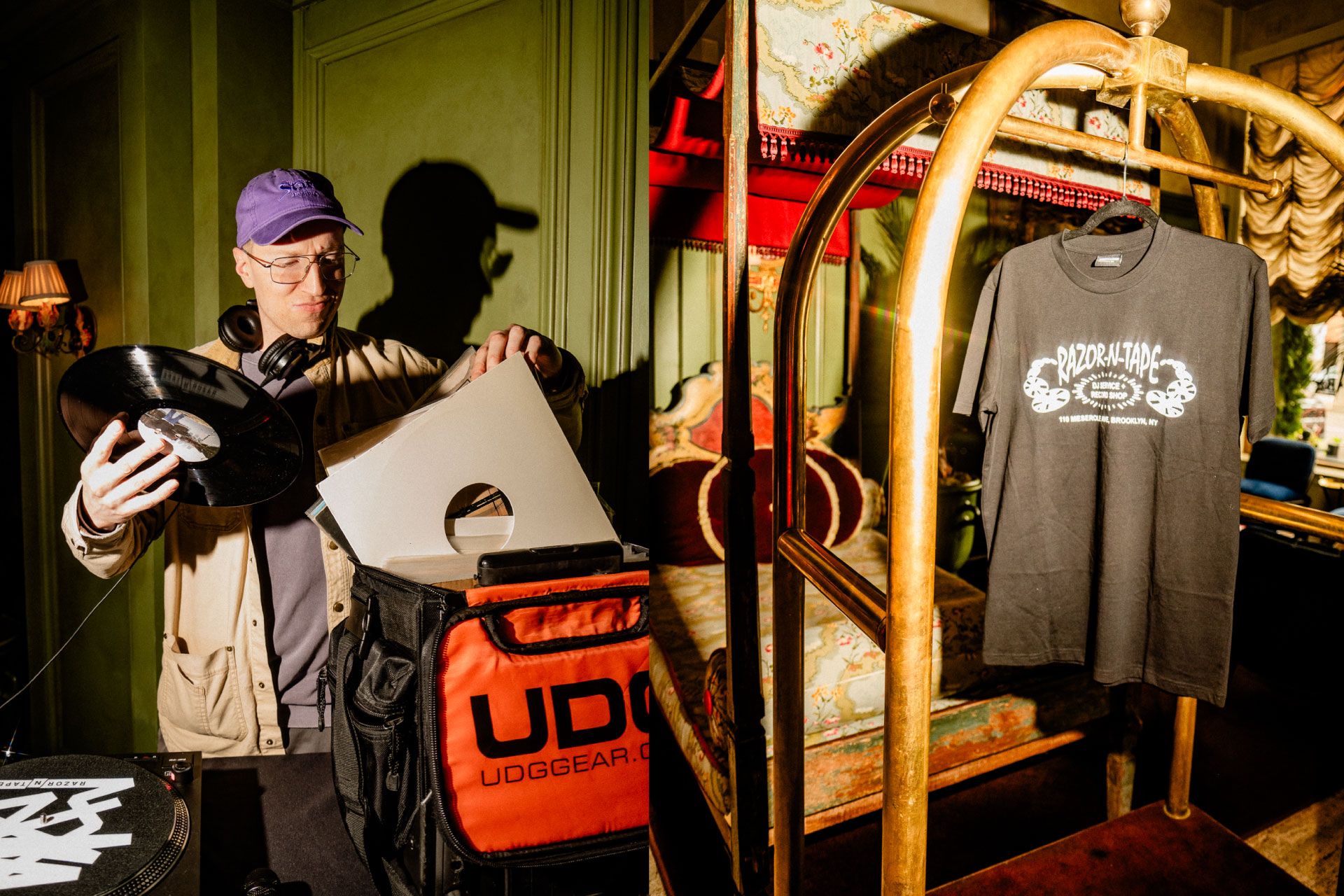 DJ selecting vinyl from a UDG bag beside a turntable. A t-shirt hangs on a gold luggage cart in an ornate room.