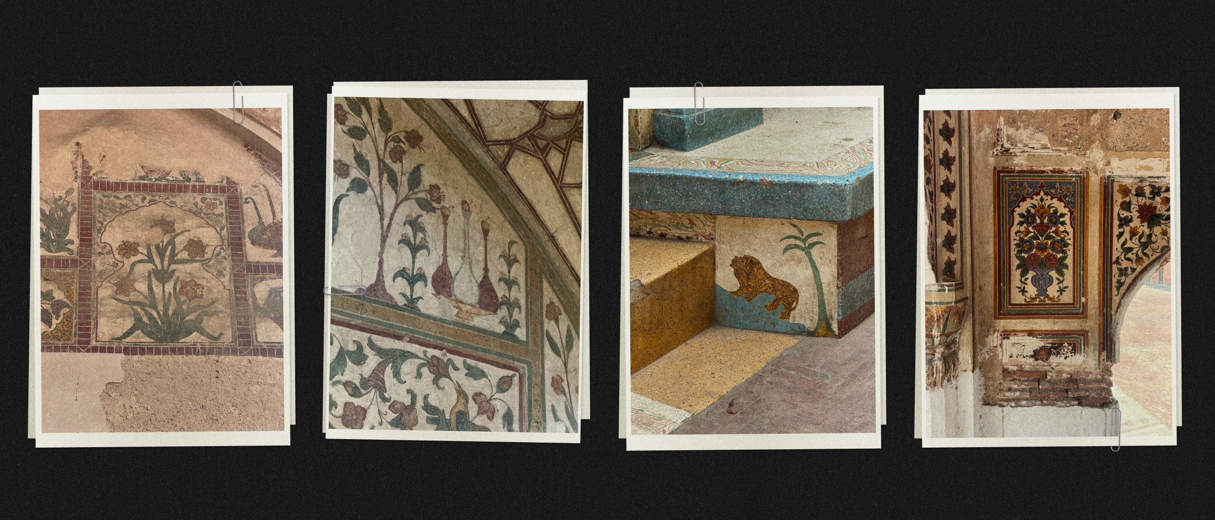 Four images of ancient wall paintings featuring floral patterns, birds, and a lion, clipped onto textured backgrounds.