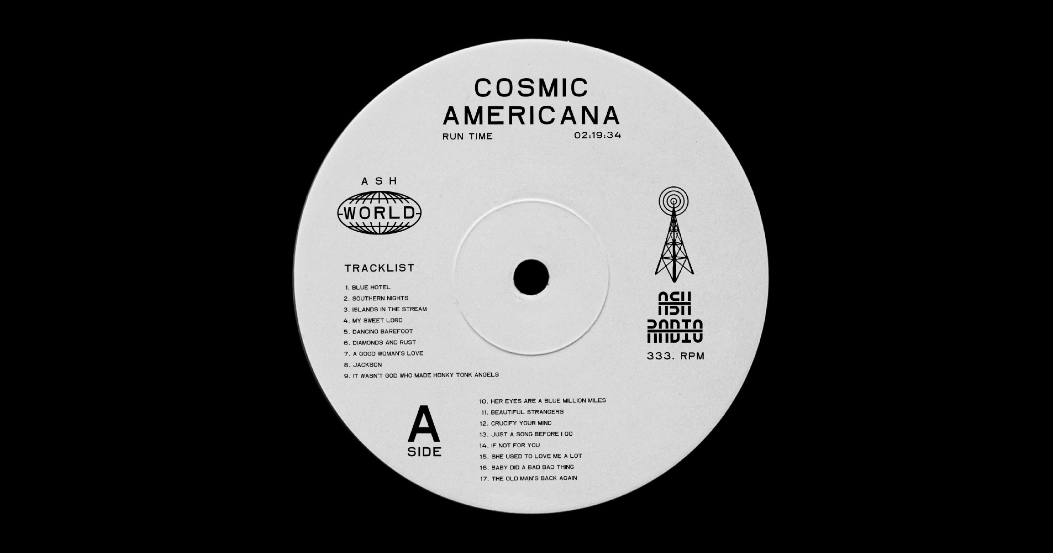 A vinyl record label with "COSMIC AMERICANA" at the top, featuring a tracklist and "WORLD," "ASH," and "OSU DISTRO" logos.