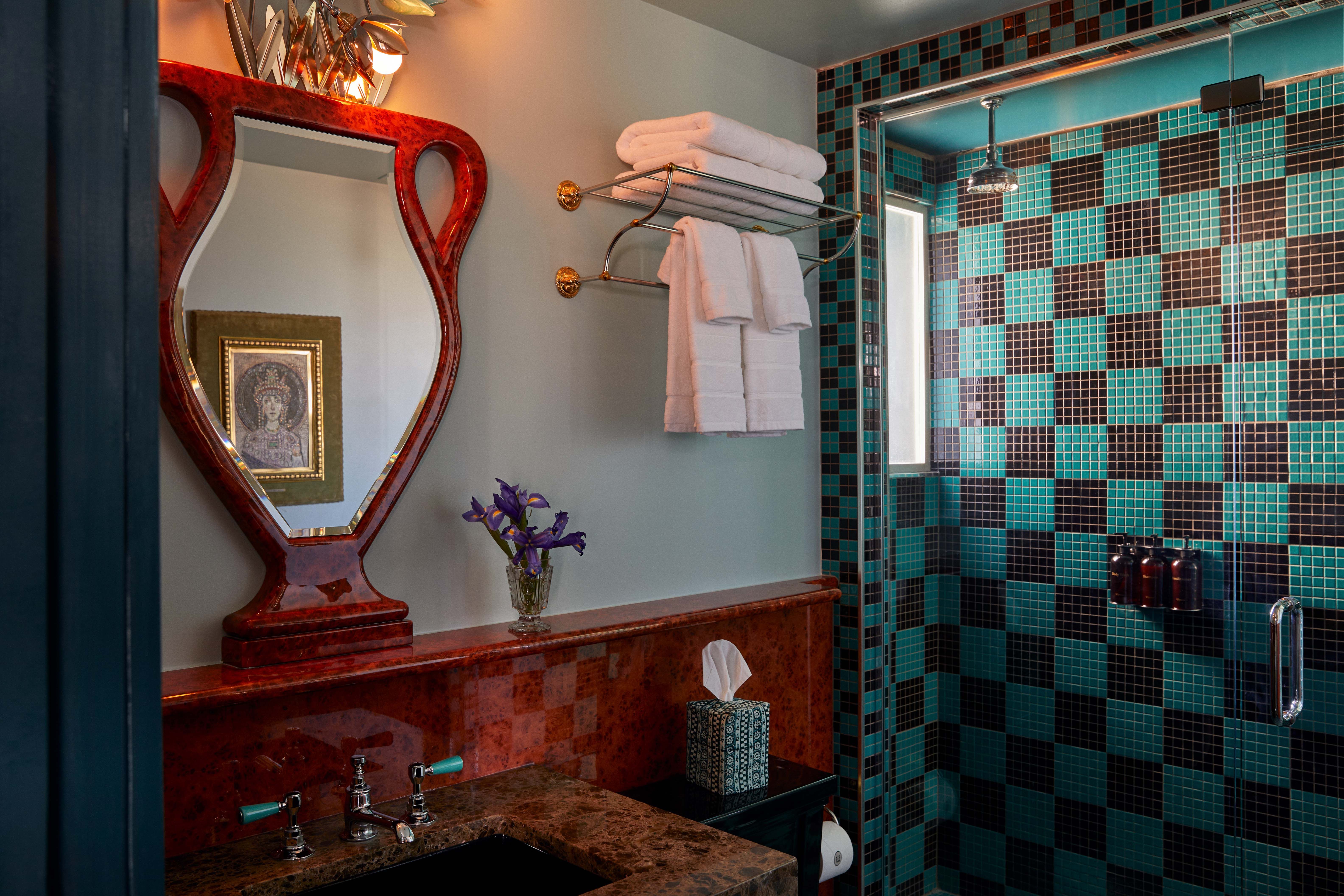 Hotel Ulysses Our Lady of the Flowers suite bathroom green and black tiles