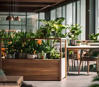 Indoor space filled with plants, wooden furniture, and natural light.
