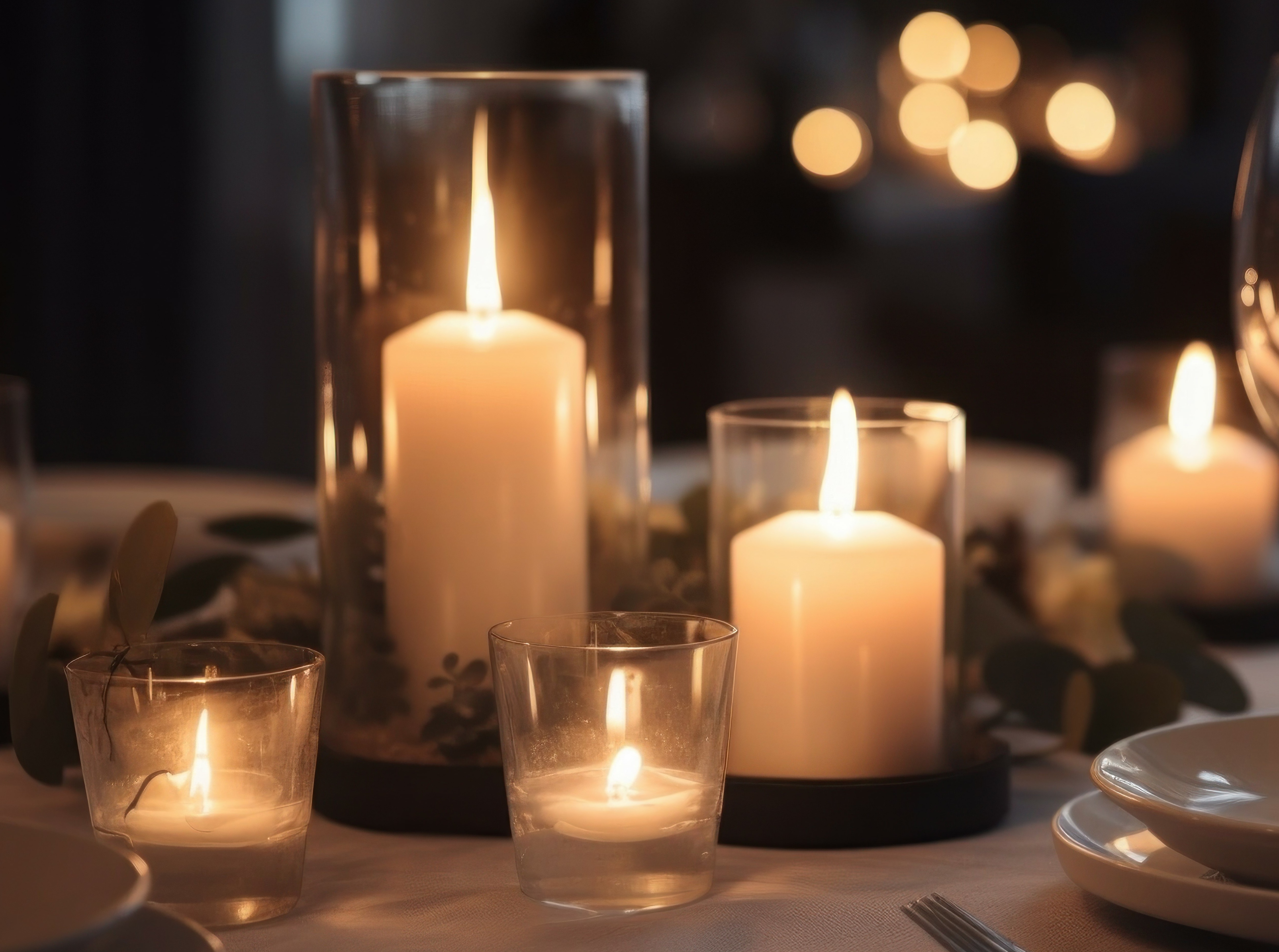Candles in glass holders create a warm, inviting ambiance.