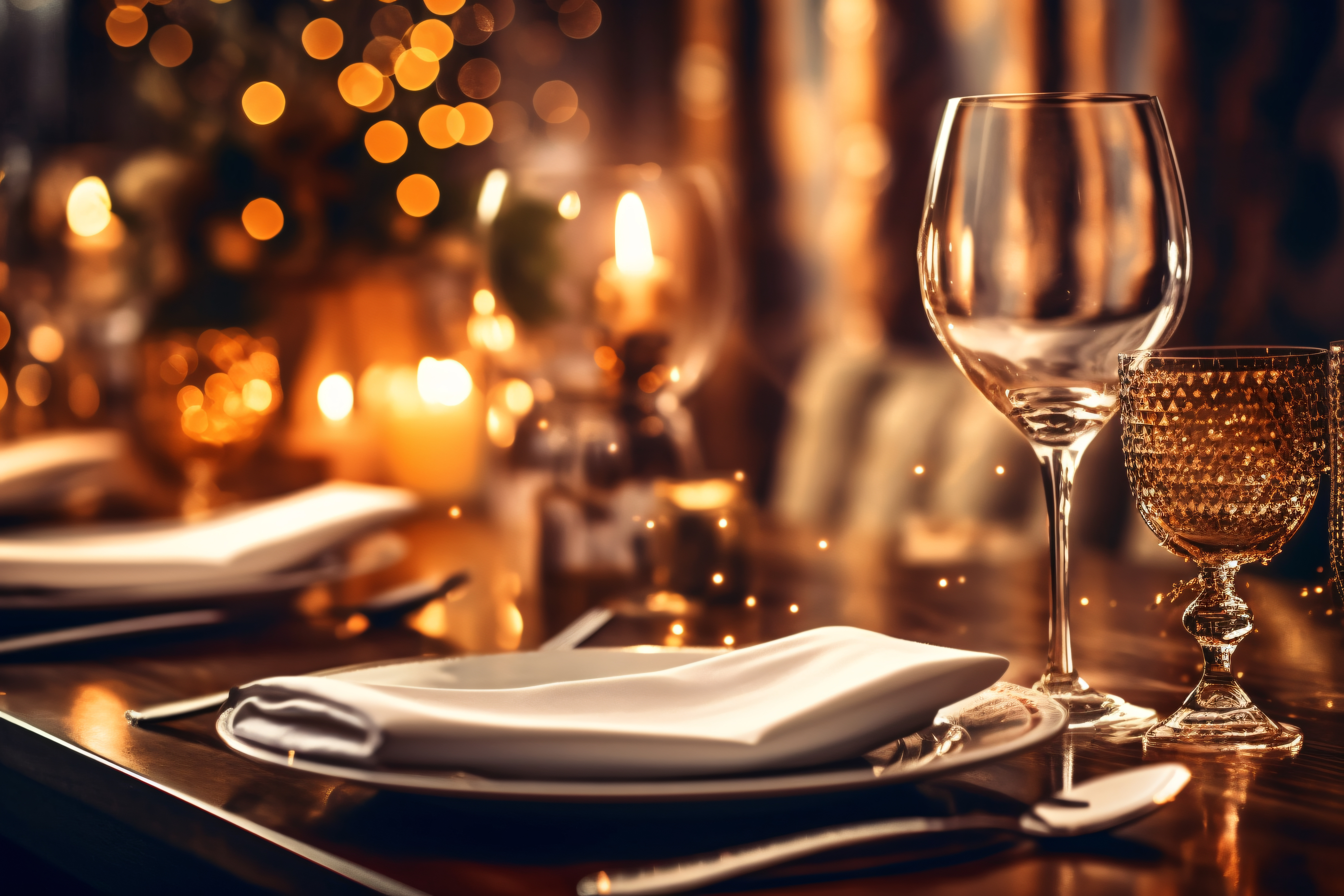 Elegant table setting with wine glasses and soft lighting.