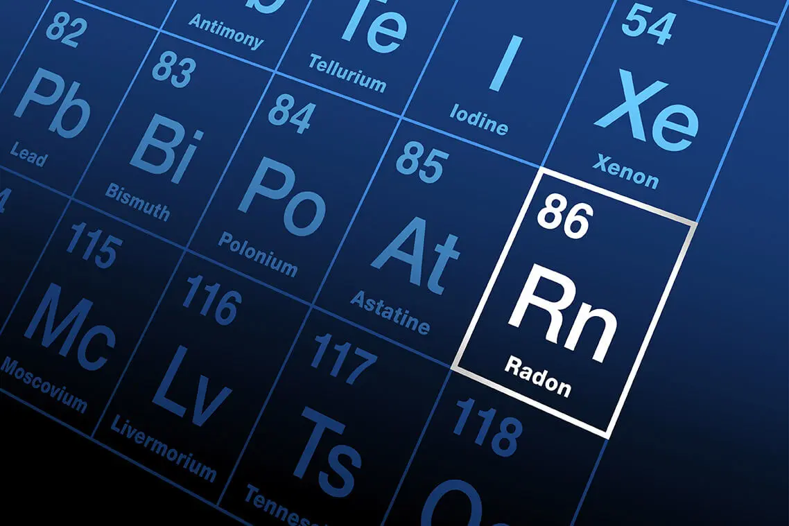 Periodensystem mit hervorgehobenem Element Radon (Rn) und seiner Ordnungszahl 86