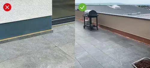 Vergleichsbild fehlende Schutzmaßnahme des Anschlussbereichs vs. Fachgerechte Ausführung der Dachterrasse mit Schutzblechen im Anschlussbereich  