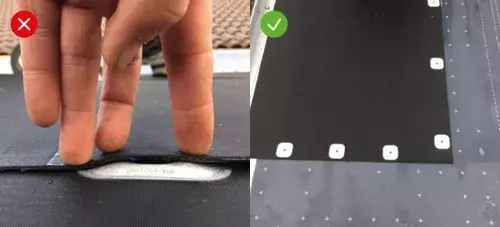 Vergleichsbild: Falsche Positionierung des Befestigers vs. korrekter Mindestabstand zwischen Lastverteilteller und Bahnenkante bei der Abdichtung eines Flachdaches 
