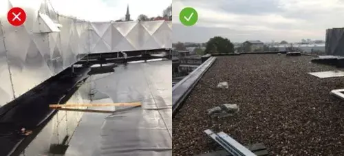 Vergleichsbild: Aufschmelzen einer EPS-Wärmedämmung durch wärmereflektierende Oberfläche vs. vor Überhitzung geschützte EPS-Wärmedämmung durch Kiesauflast 