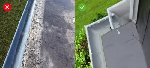 Vergleichsbild: Zu hoch angeordnete Traufbohle vs. ungehinderte Entwässerung mit korrosionsgeschützter Rinne. 