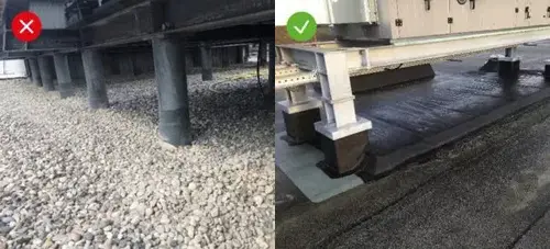 Vergleichsbild: Zu geringer Abstand zwischen technischer Anlage und Belagsschicht vs. ausreichender Höhenabstand für die freie Zugänglichkeit zur Dachabdichtung 