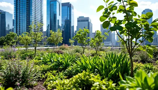 An intensive green roof installed in a city environment.