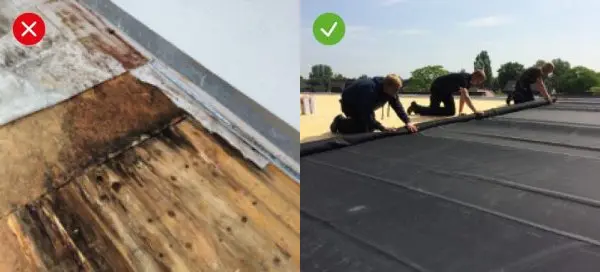 Vergleichsbild: Feuchtigkeit zerstört Holzbauteile unterhalb der Dachabdichtung vs. Schutz durch Verlegung einer schwarzen Flachdachabdichtung ohne Verschattung