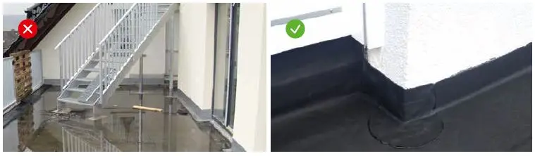 Vergleichsbild: Zu geringe vs. ausreichende Anschlusshöhe bei der Ausbildung von Türanschlüssen auf dem Flachdach